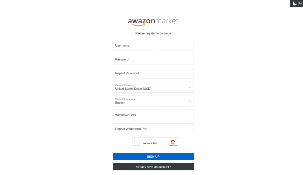 awazon market registration page
