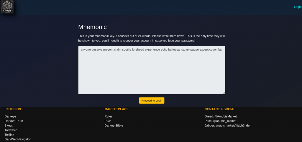 anubis market mnemonic